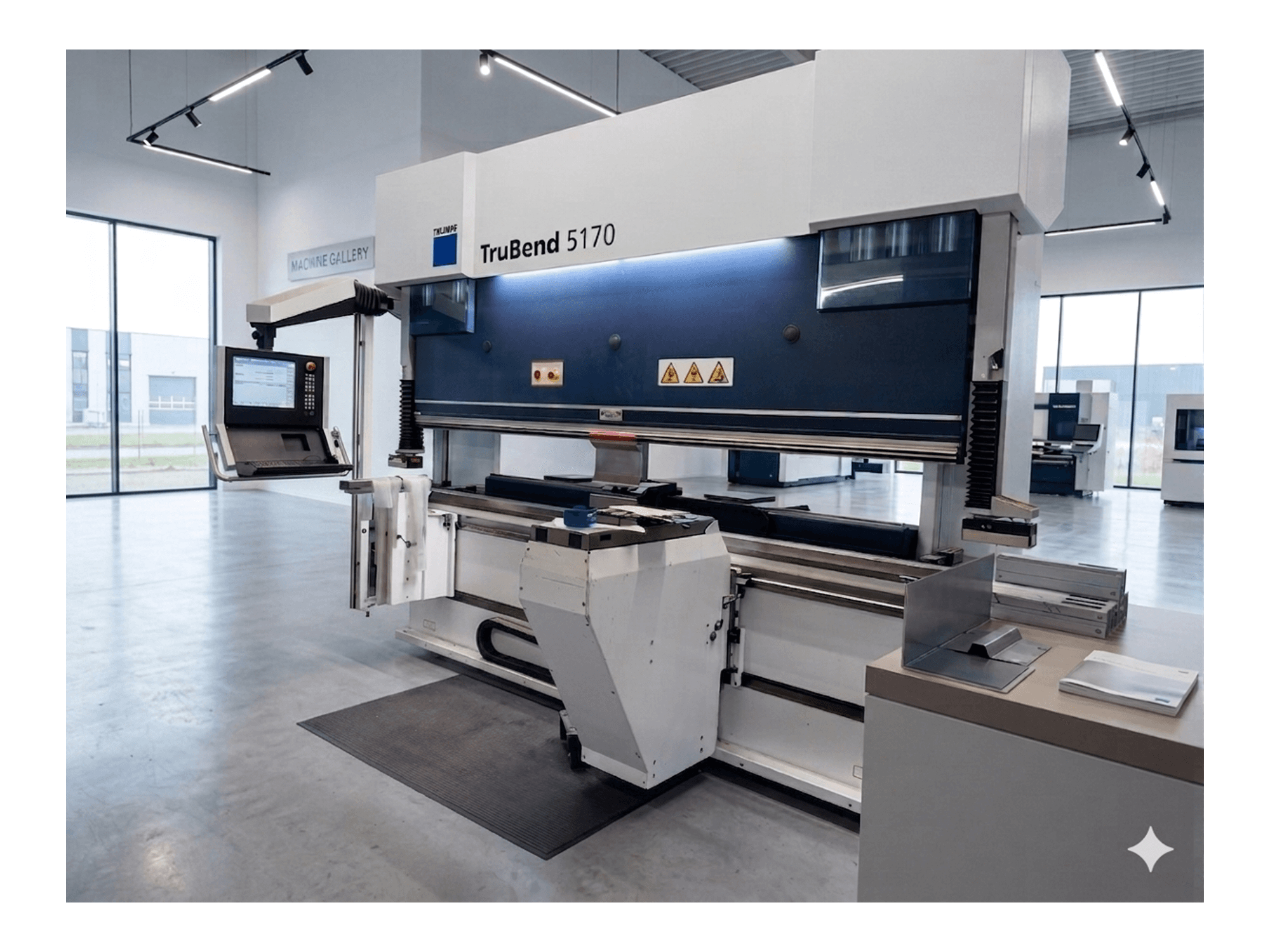 TRUMPF presinis stabdys TruBend 5170, vaizdas iš priekio su valdymo pultu ir lenkimo stalu, demonstruojantis modernų mašinos dizainą.