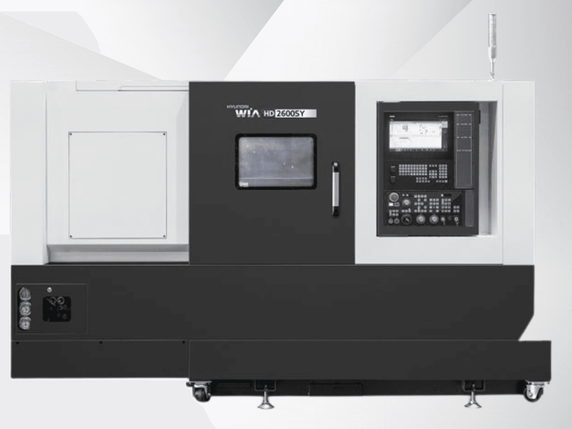 Hyundai WIA HD 2600SY CNC staklės, vaizdas iš priekio; skaitmeninis valdymo skydelis ir įrankių laikymo vieta, demonstruojamos techninės savybės.