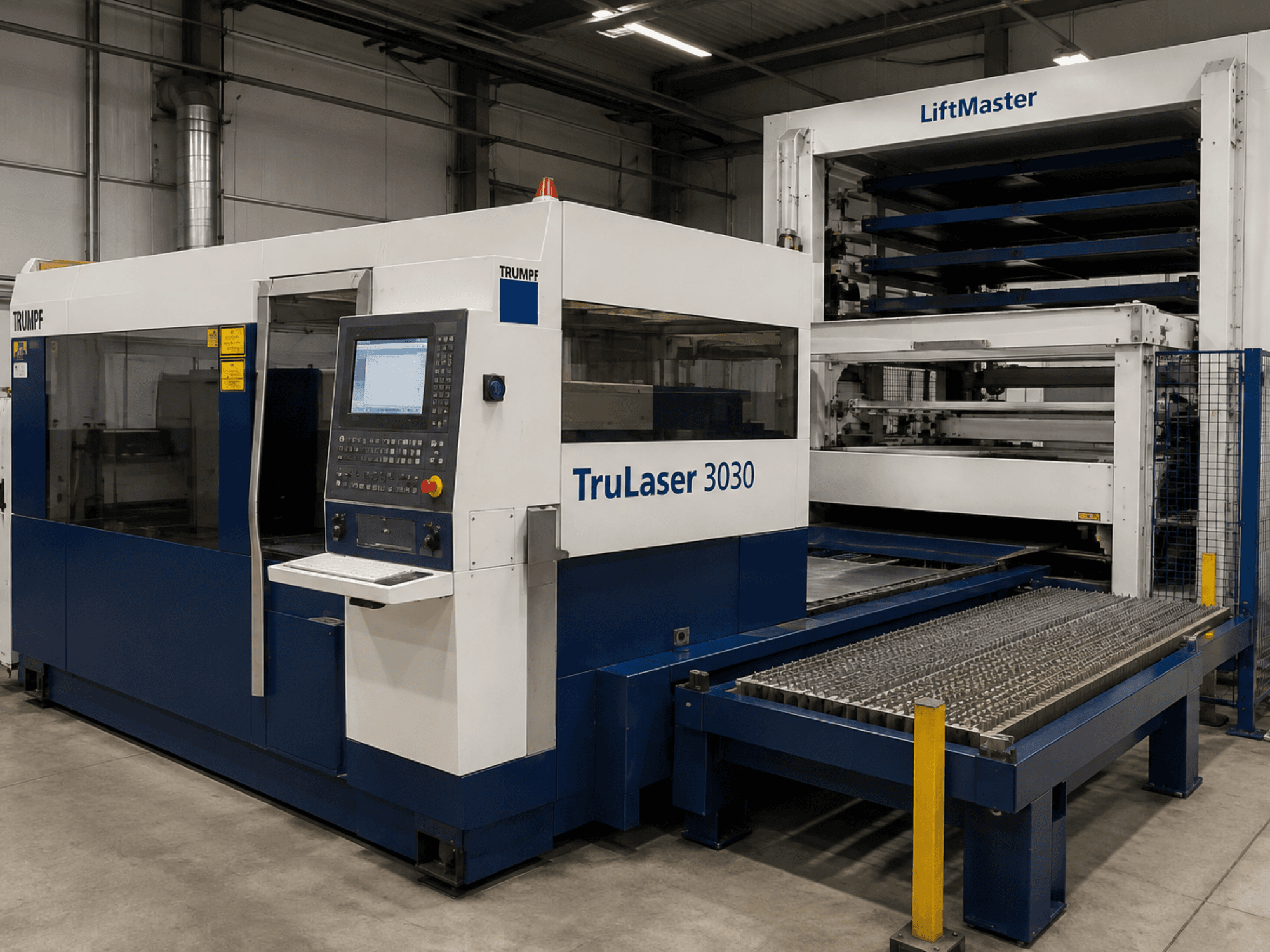 „TRUMPF TruLaser 3030“ CO₂ lazerinio pjovimo staklių, su „LiftMaster“ sistema, vaizdas iš priekio, kuriame matomas valdymo pultas ir lakštinio metalo stalas.