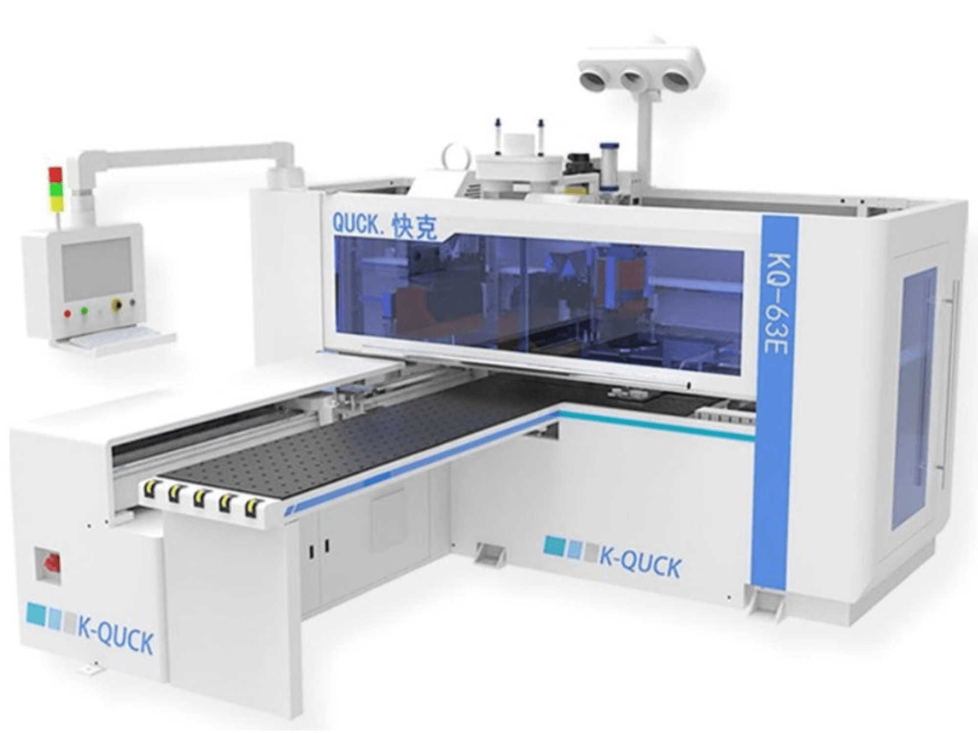 K-QUICK KQ-63E mašina, vaizdas iš priekio, su valdymo pultu, permatomu korpusu ir plokščiu konvejeriu su keliais ritinėliais.