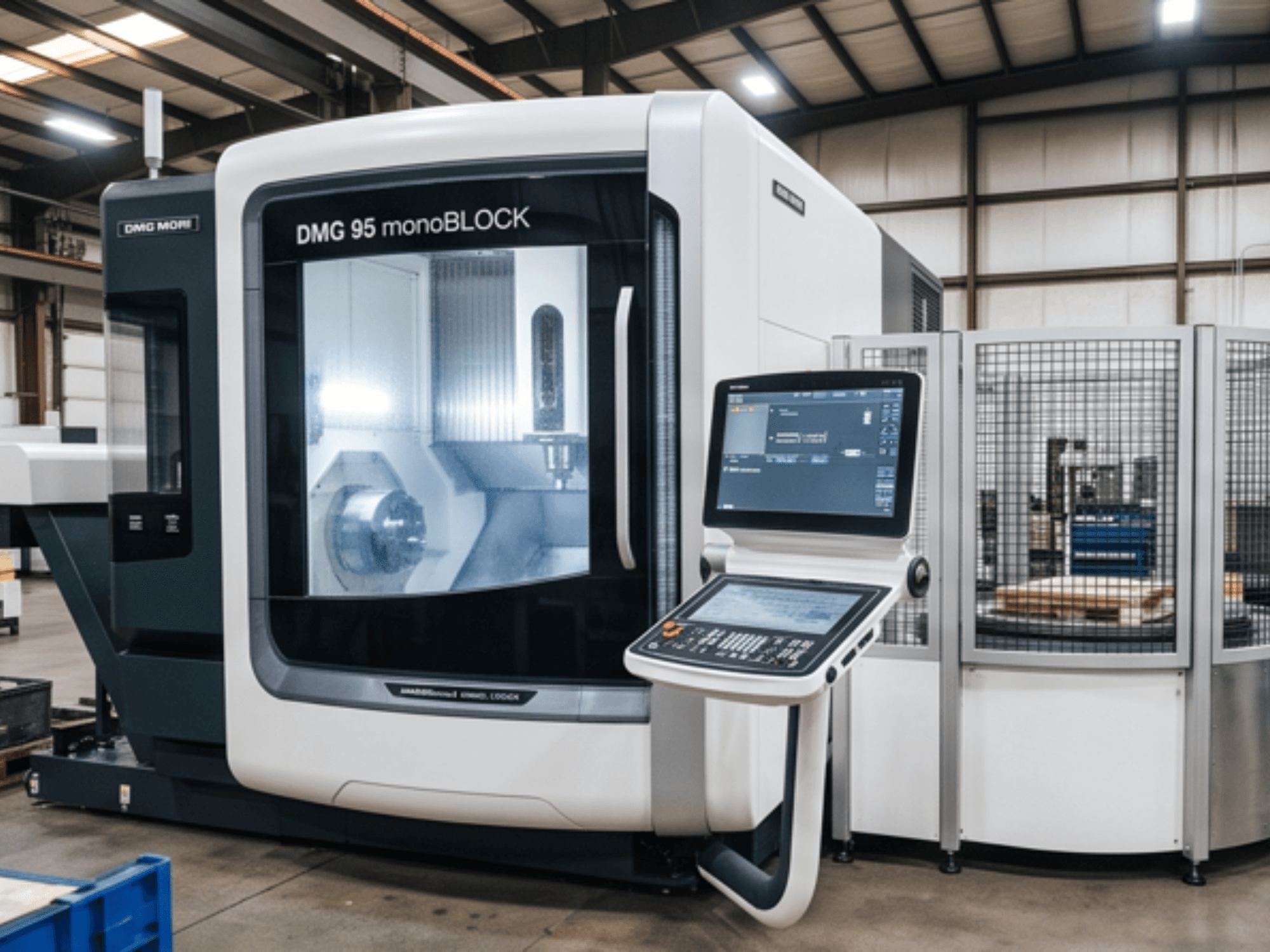 DMG MORI DMC 95 „monoBLOCK“ vertikalusis apdirbimo centras, vaizdas iš priekio, su valdymo pultu ir apsaugine gaubta.