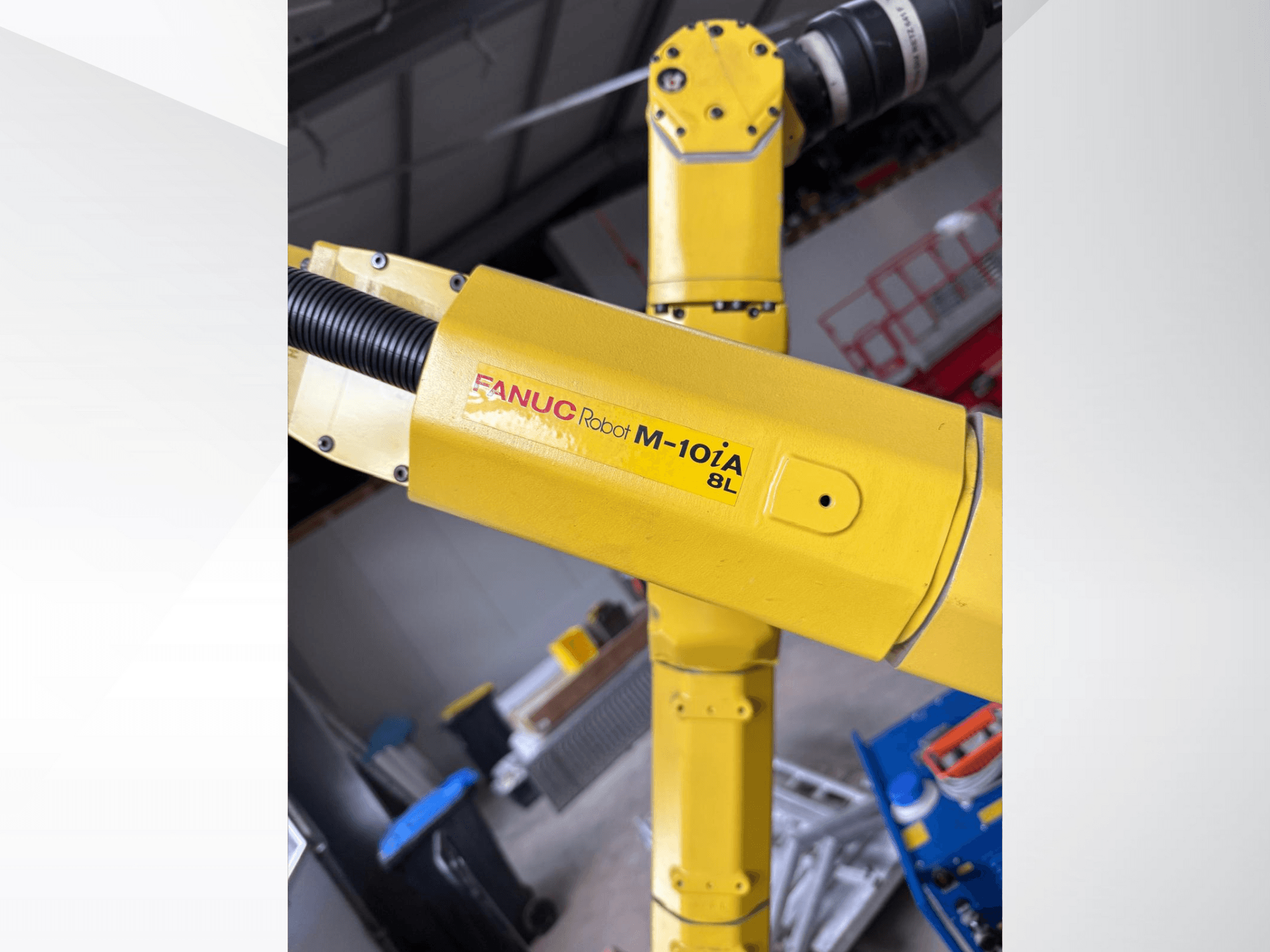 Geltonos spalvos FANUC robotas M-10iA 8L, žiūrint iš šono, demonstruoja rankos sąnarį ir mechaninius komponentus pramoninėje aplinkoje.