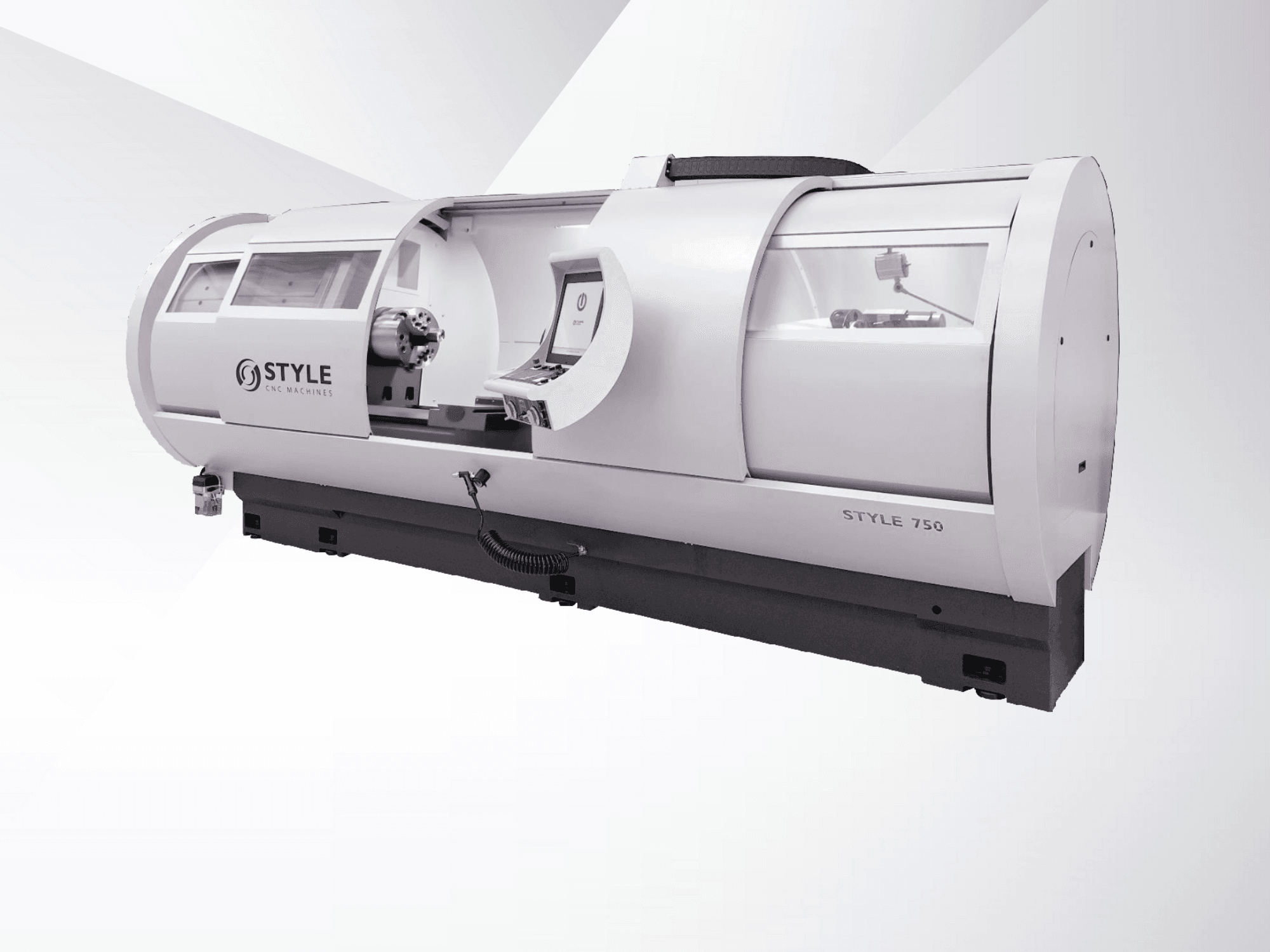 STYLE 750 CNC tekinimo staklės, vaizdas iš priekio, su dideliu langu, valdymo skydeliu ir tikslia mechanika, skirta pažangiam apdirbimui.