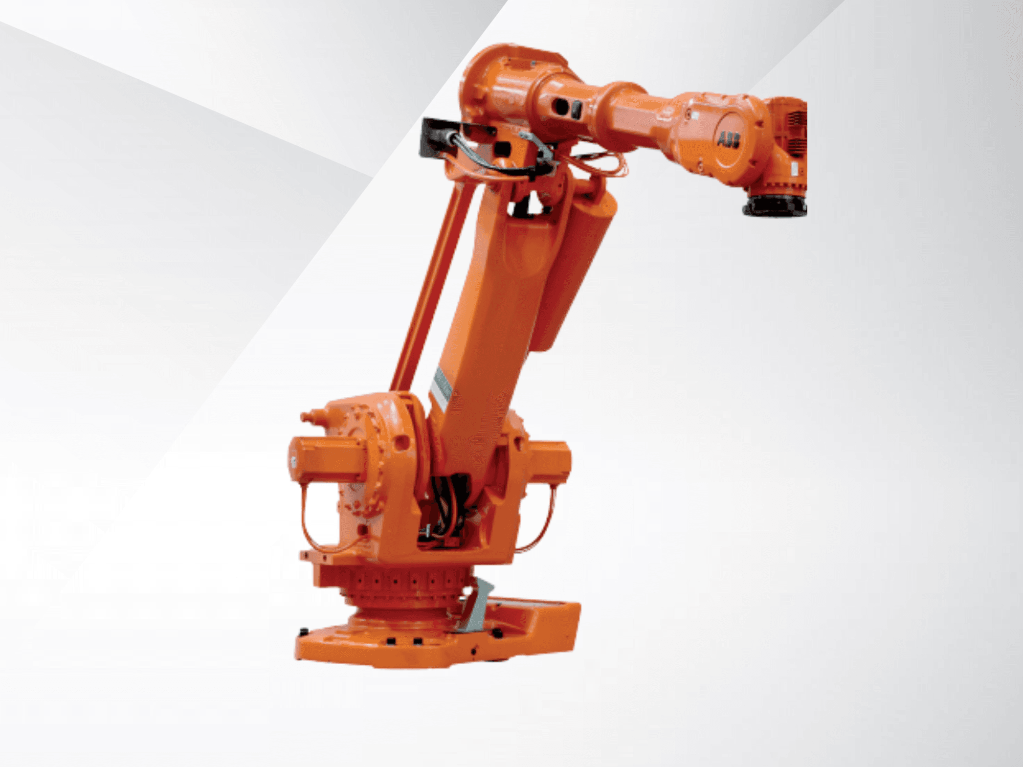 ABB IRB 6650S-90/3.9 roboto ranka oranžinės spalvos, vaizdas iš šono, kuriame matomi sąnariai ir pagrindas, skirti pramoninei automatizacijai.