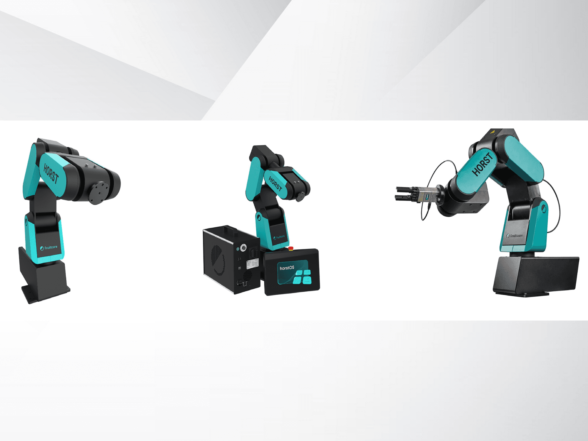 Trys "Fruitcore" roboto rankos "Horst" vaizdai, išryškinantys juodos ir arbatinės spalvų dizainą, valdymo skydelį ir griebtuvo priedą.