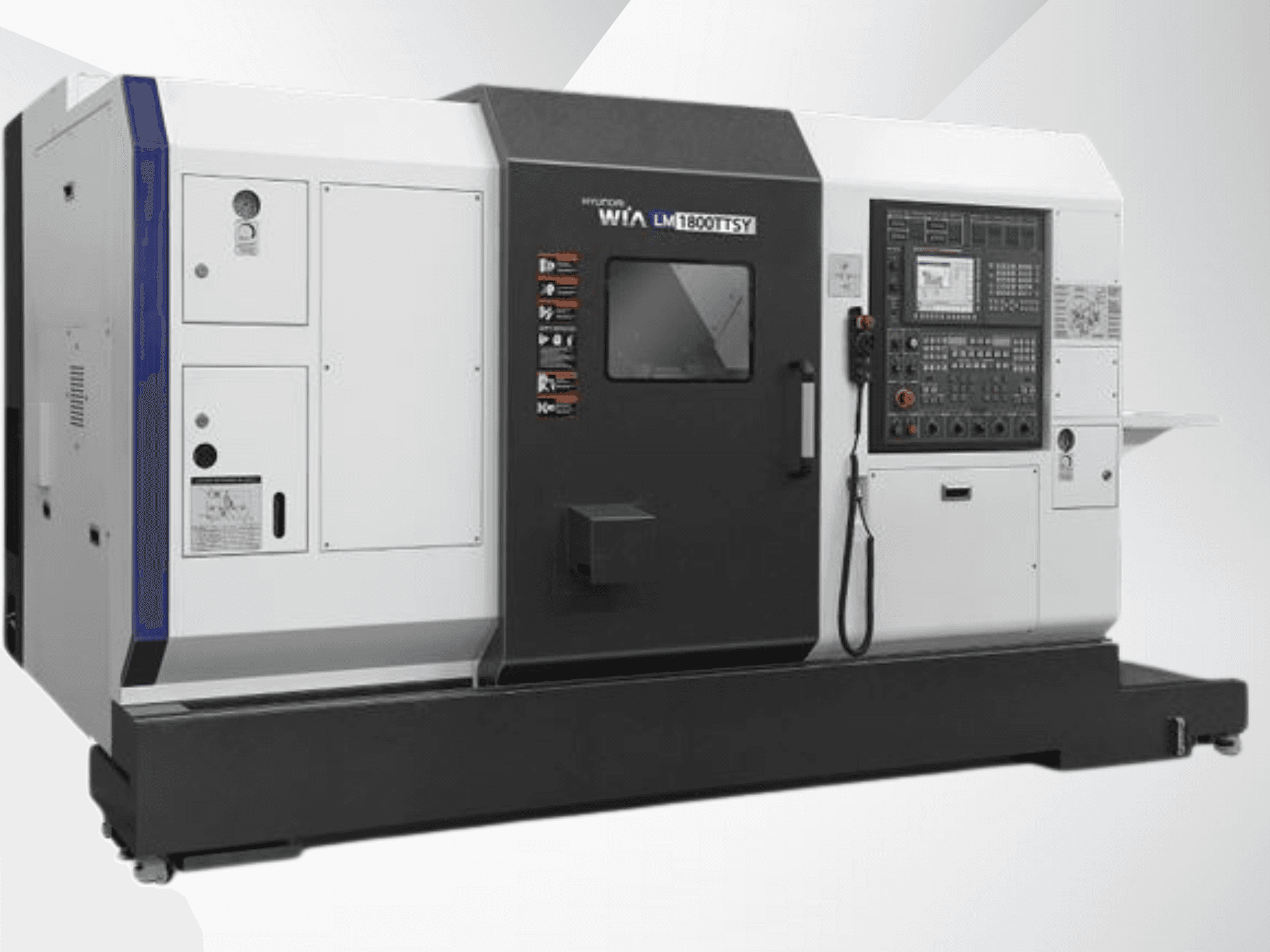 Hyundai LM1800TTSY CNC tekinimo staklės, vaizdas iš priekio, valdymo skydelis, juodai balta išorė ir valdymo mygtukai.