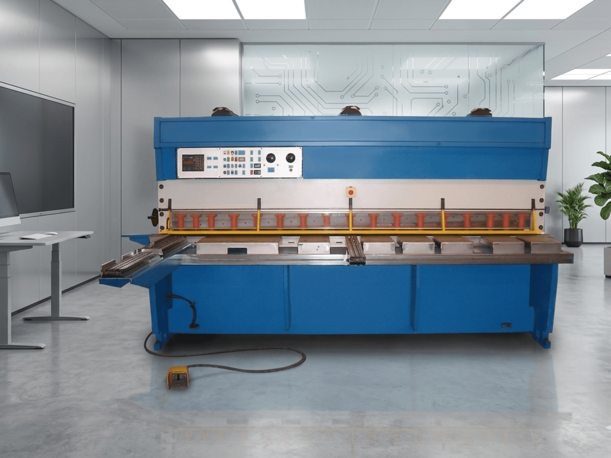 GASPARINI CO 3006 hidraulinės žirklės, vaizdas iš priekio, su valdymo pultu ir metalo pjovimo zona, modernioje darbo vietoje.