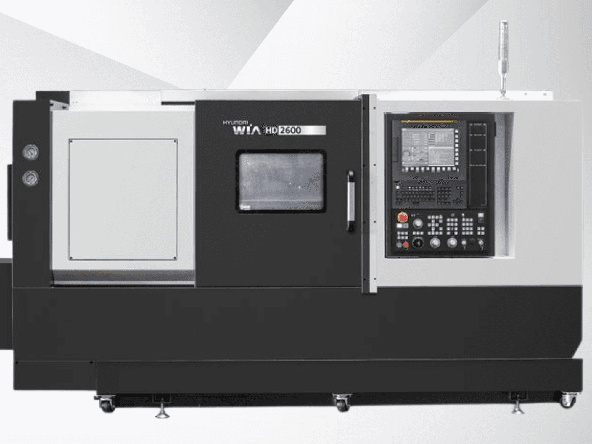 Hyundai WIA HD2600 CNC tekinimo staklės, priekinis vaizdas, valdymo skydelis su mygtukais, ekranas ir įrankių skyrius.