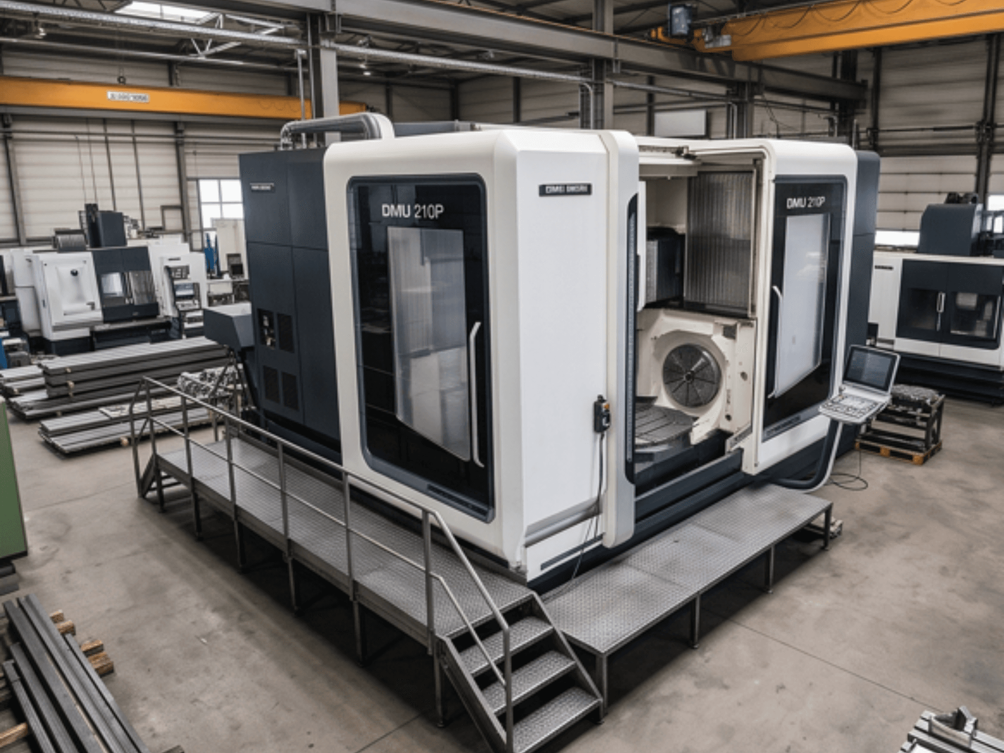 DMG MORI DMU 210P universalus apdirbimo centras dirbtuvėse, šoninis vaizdas, kuriame matomas valdymo pultas ir prieigos platforma.